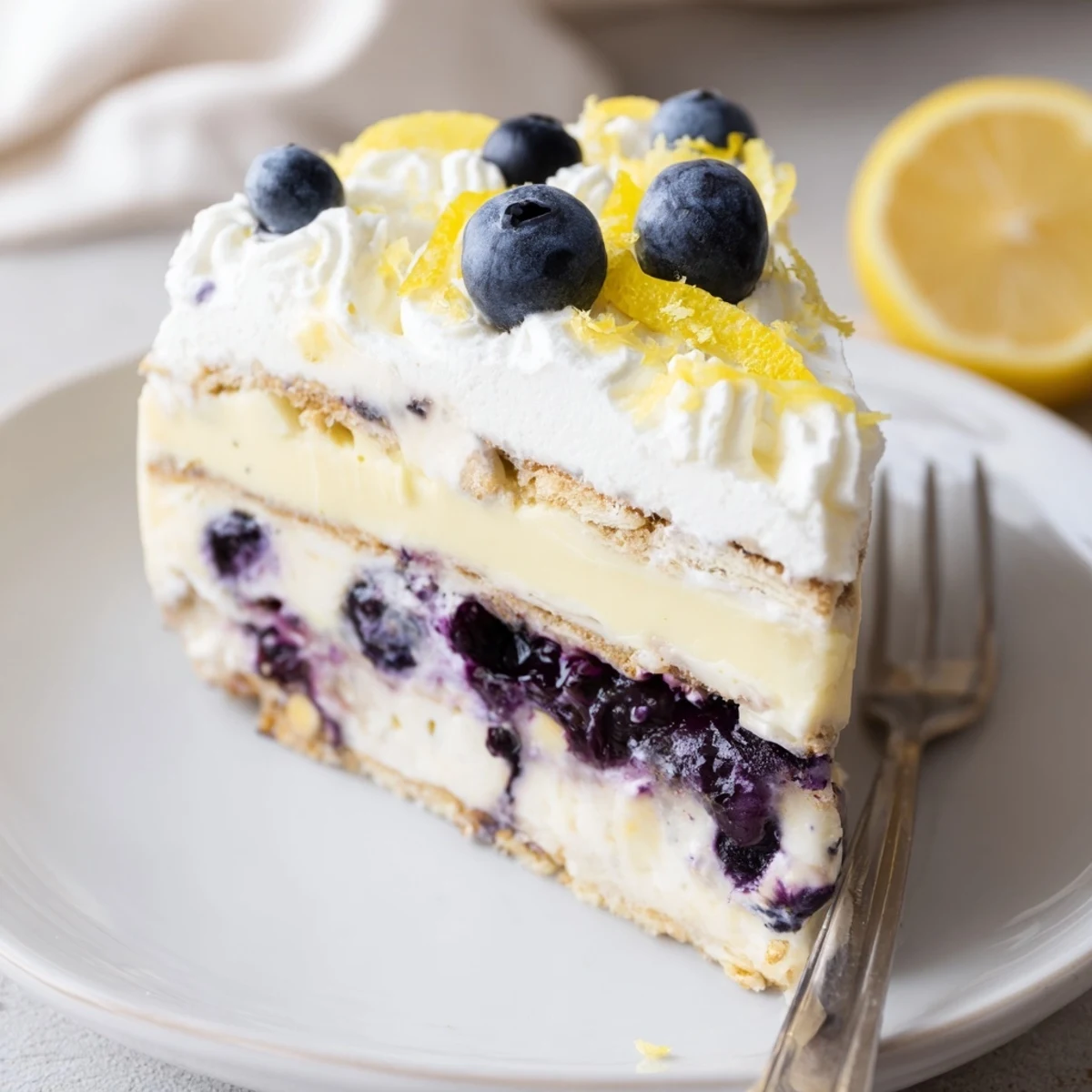 Slice of Lemon Blueberry Lasagna with creamy lemon layers and glossy blueberries