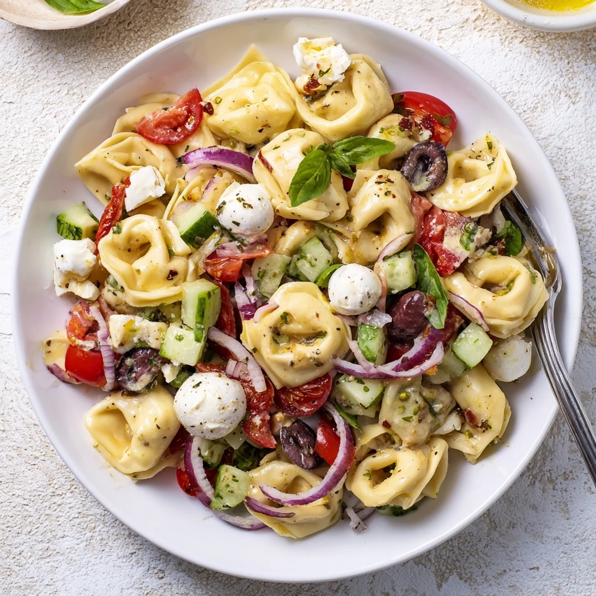 Bowl of Tortellini Pasta Salad tossed in zesty Italian dressing, creamy mozzarella