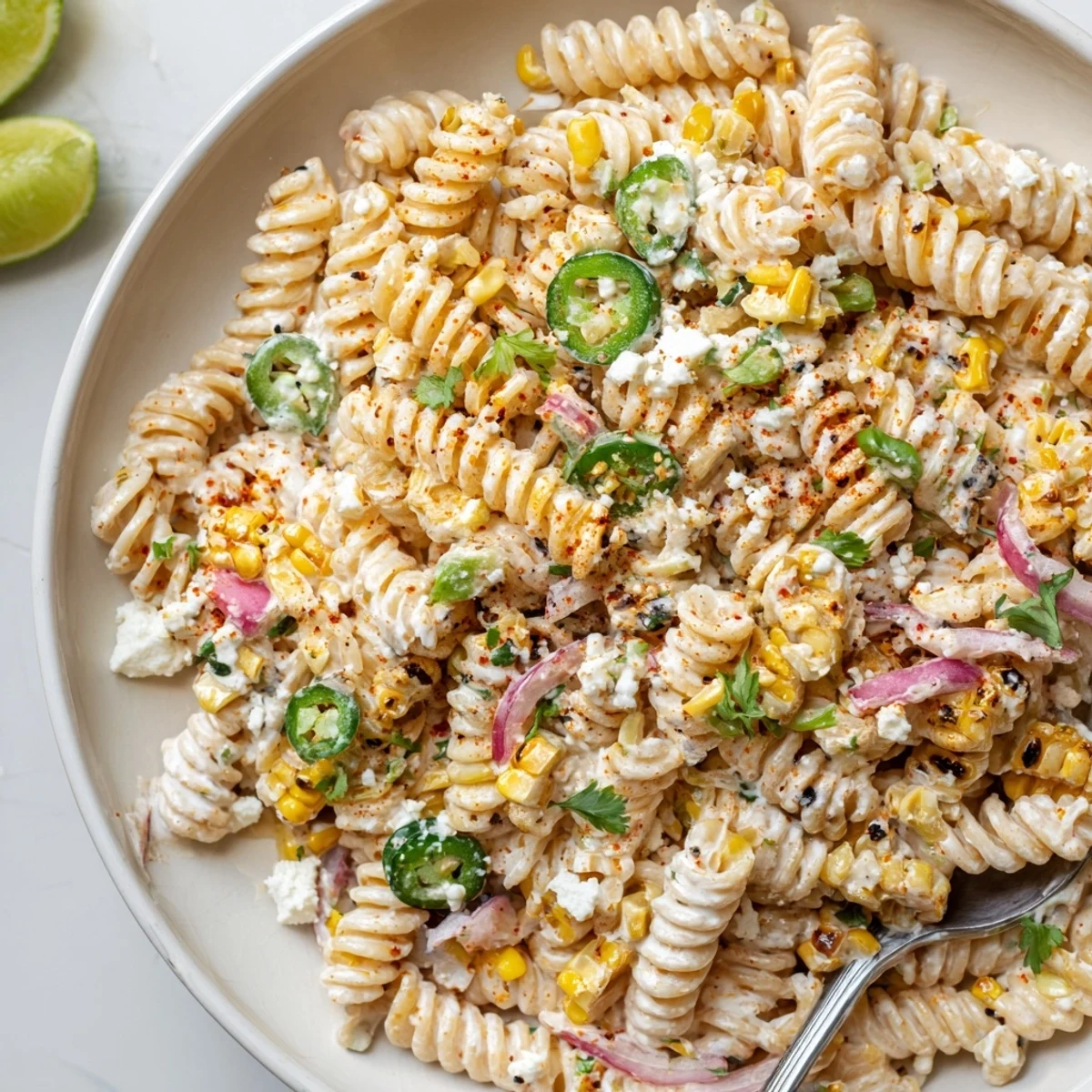 Juicy Street Corn Pasta Salad with charred corn, creamy dressing, lime wedges