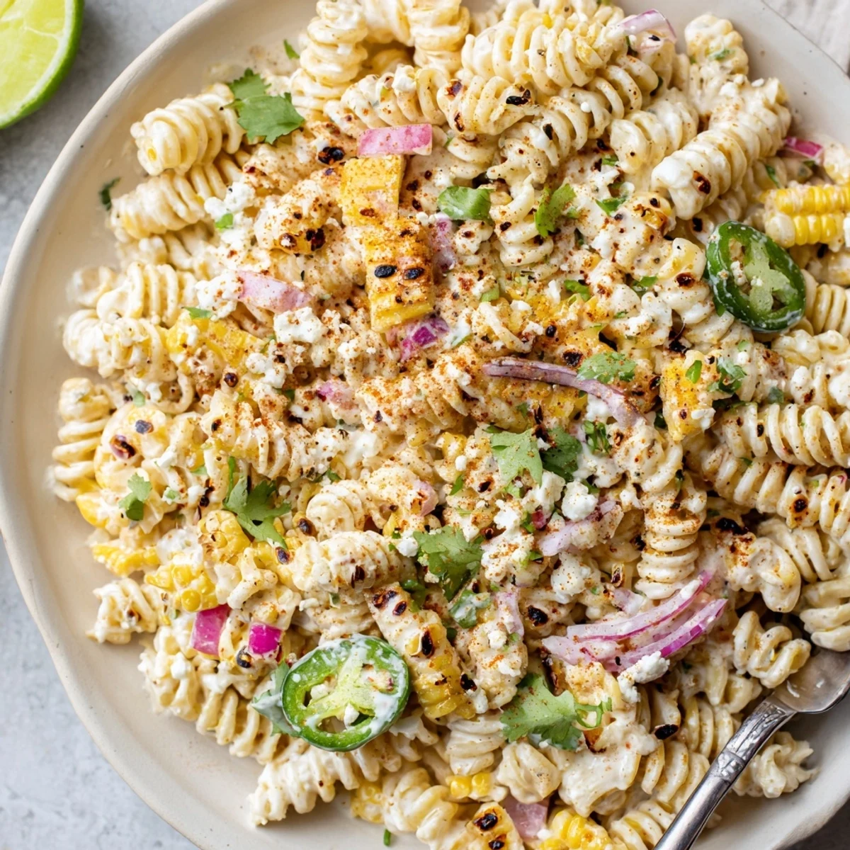 Bright Juicy Street Corn Pasta Salad tossed with cilantro, cotija, smoky paprika