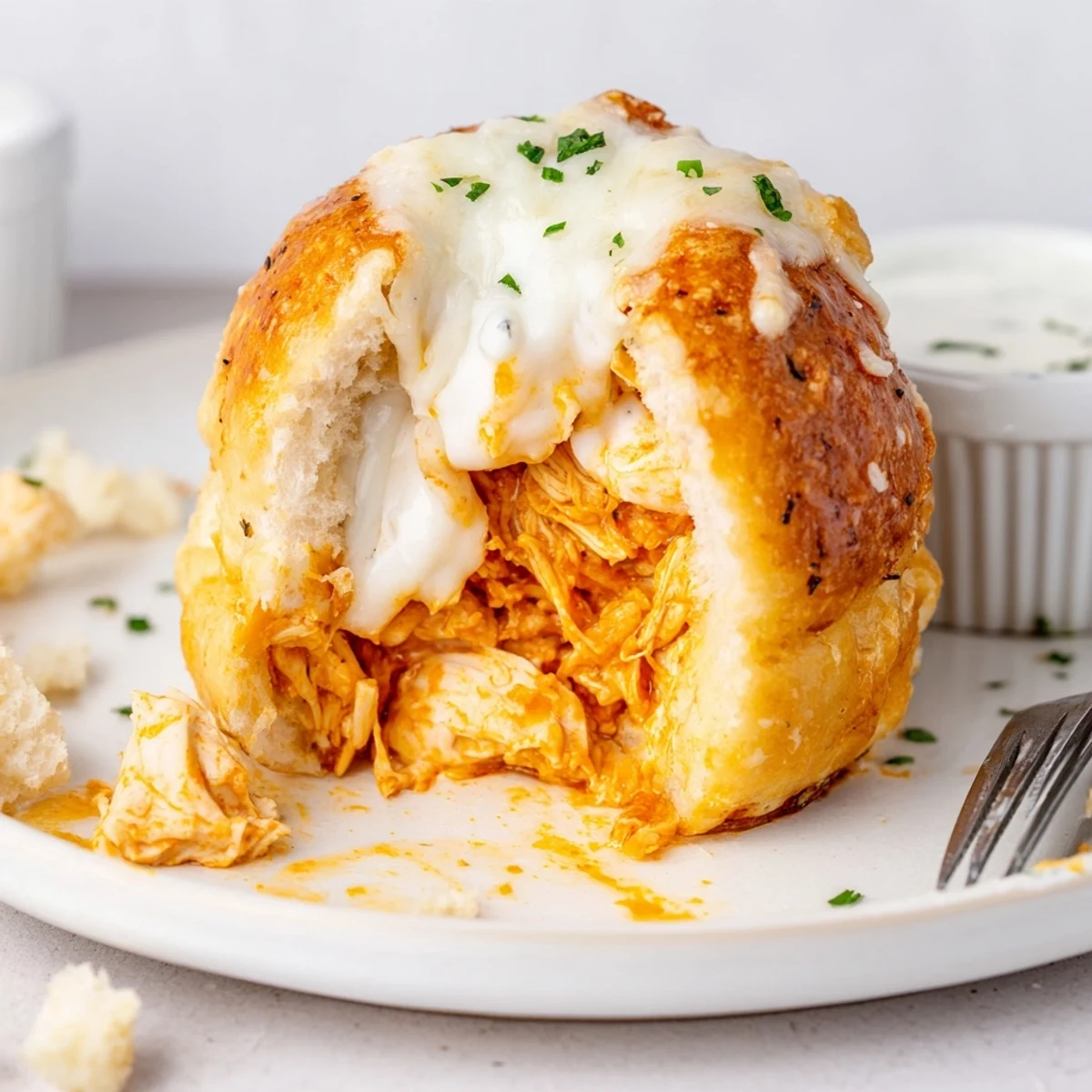 Golden-brown Buffalo Chicken Mozzarella Bombs steaming, buttery garlic glaze, ranch nearby