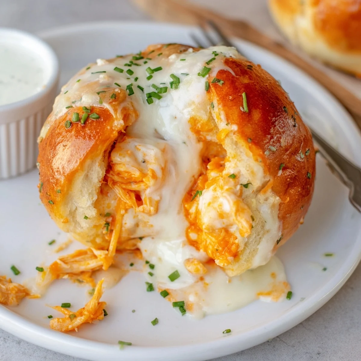 Handheld Buffalo Chicken Mozzarella Bombs oozing spicy cheese, perfect for game-day sharing