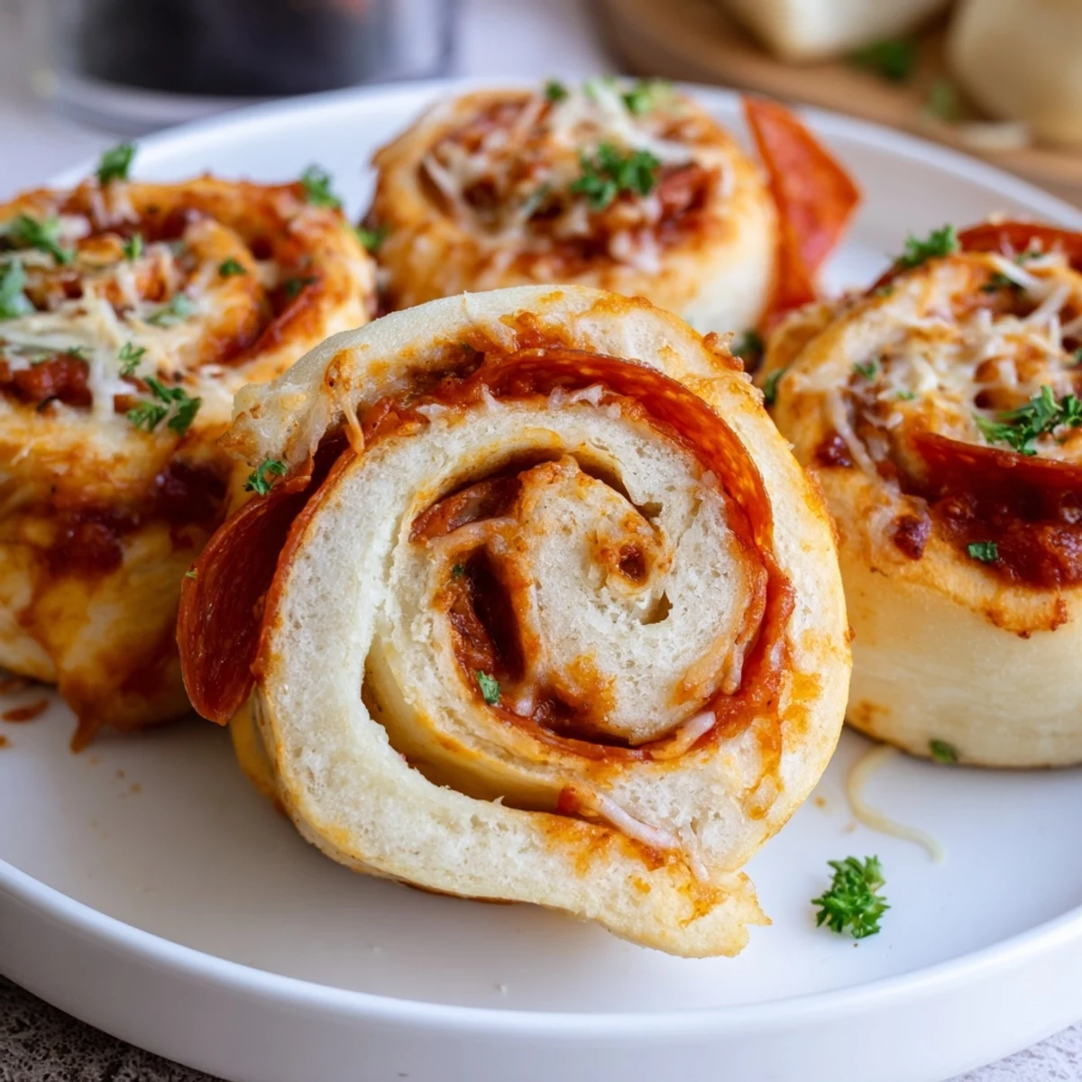 Homemade Pizza Rolls arranged on platter with marinara for dipping, sprinkled parsley