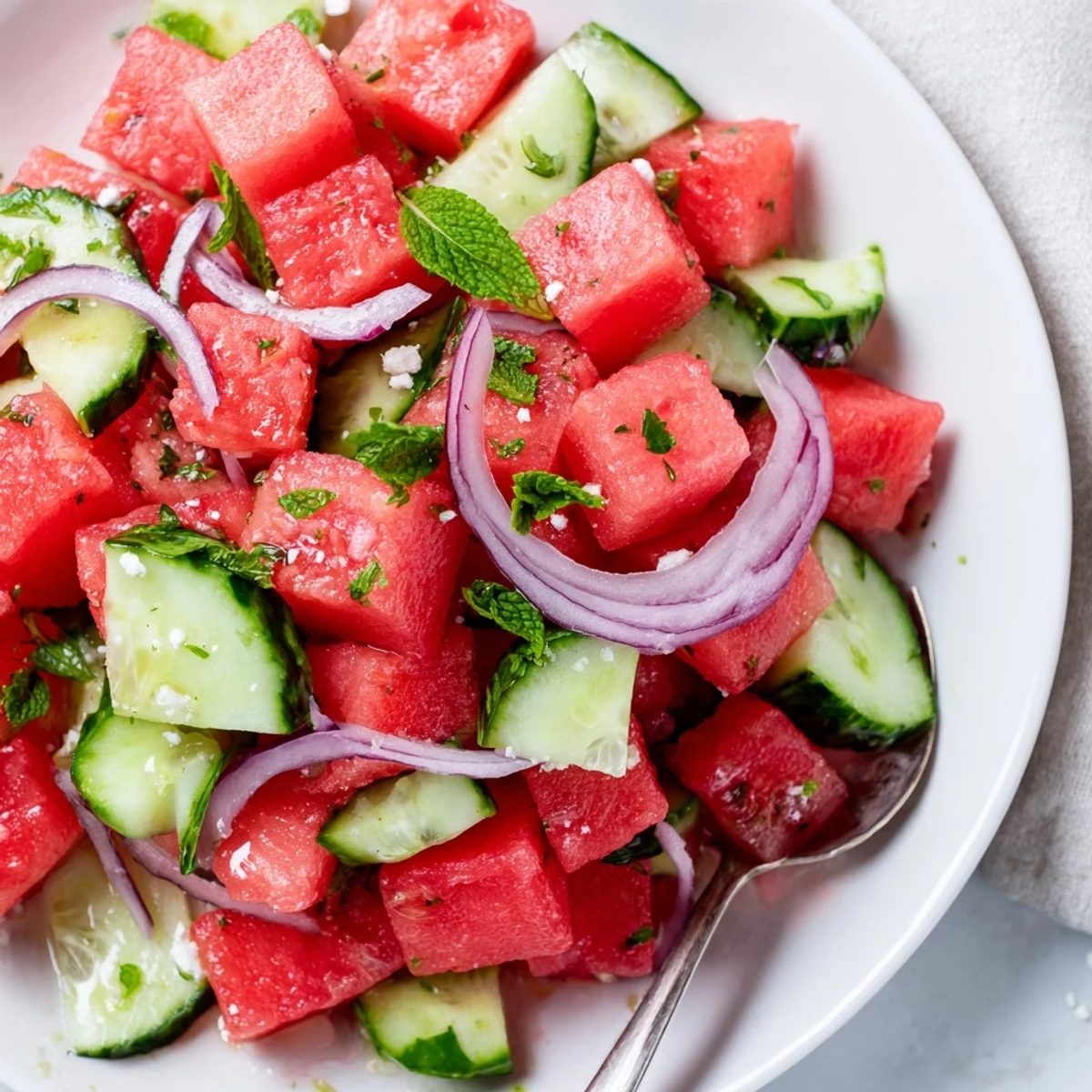 Watermelon Cucumber Salad with mint and lime dressing, juicy cubes and crisp cucumber.