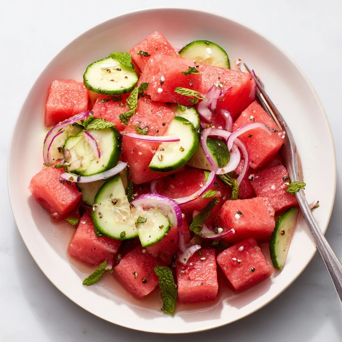 Bright Watermelon Cucumber Salad tossed gently in zesty lime, perfect for picnics.