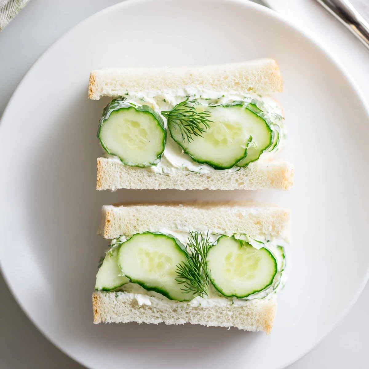 Plated Classic Cucumber Sandwiches cut into triangles, crisp cucumbers for afternoon tea