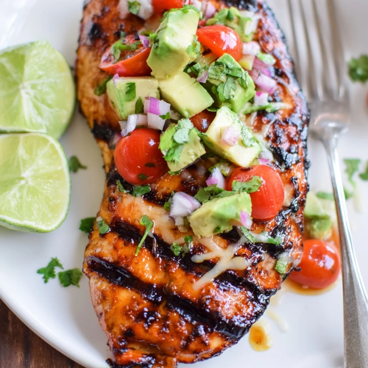 Grilled Fiesta Lime Chicken With Avocado, juicy, charred edges and lime wedges.