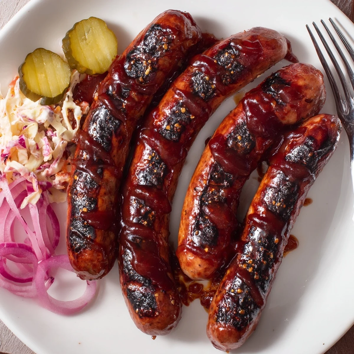 BBQ Sausage Recipe: smoky grilled sausages glazed in tangy sauce, steaming