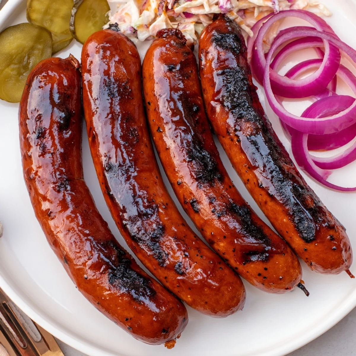 Grilled picnic plate with BBQ Sausage Recipe, caramelized edges and soft bun