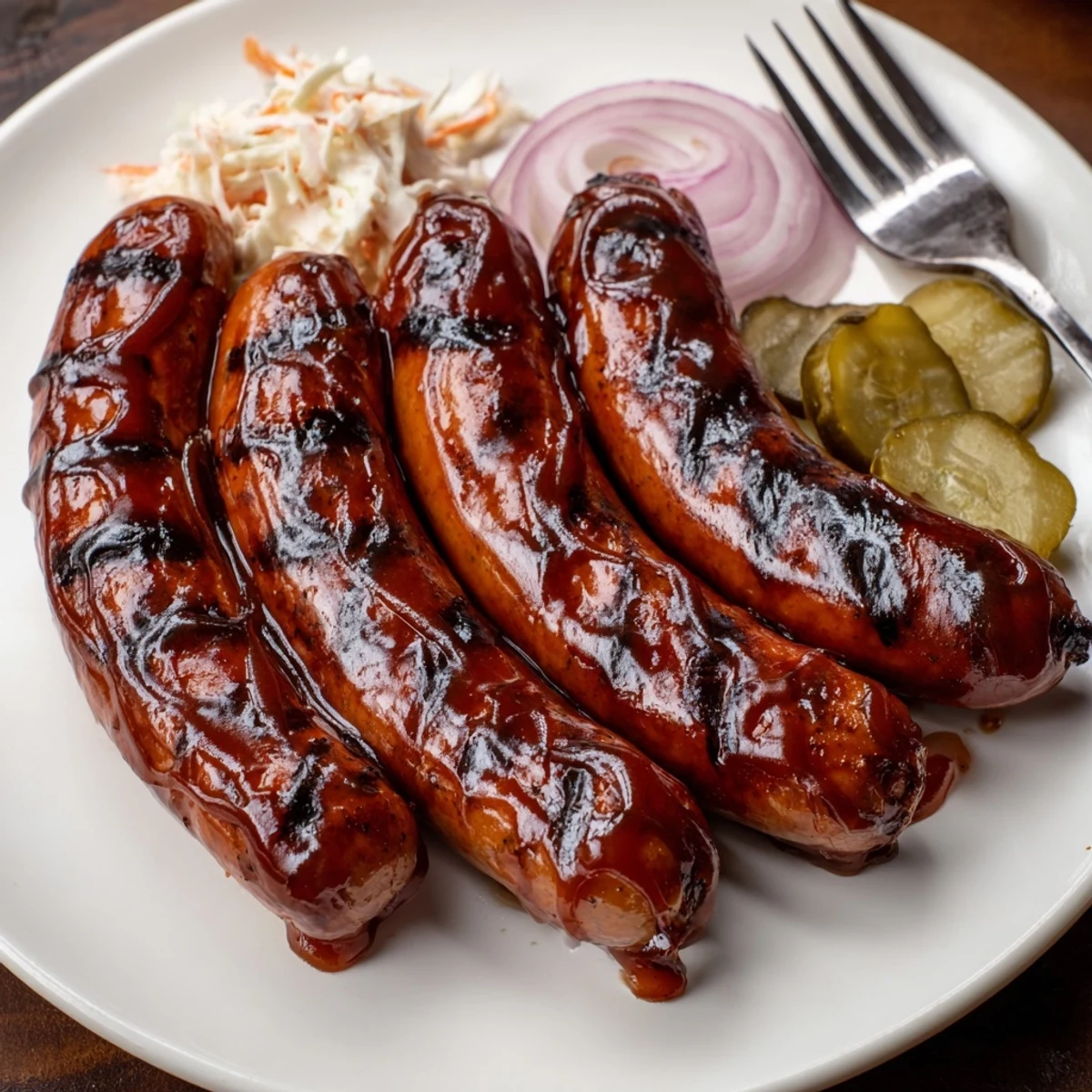 Serve BBQ Sausage Recipe hot with crunchy coleslaw and tangy extra sauce