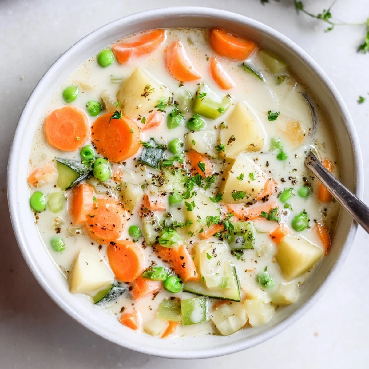 Warm bowl of Creamy Vegetable Soup Recipe, silky texture with fresh herbs