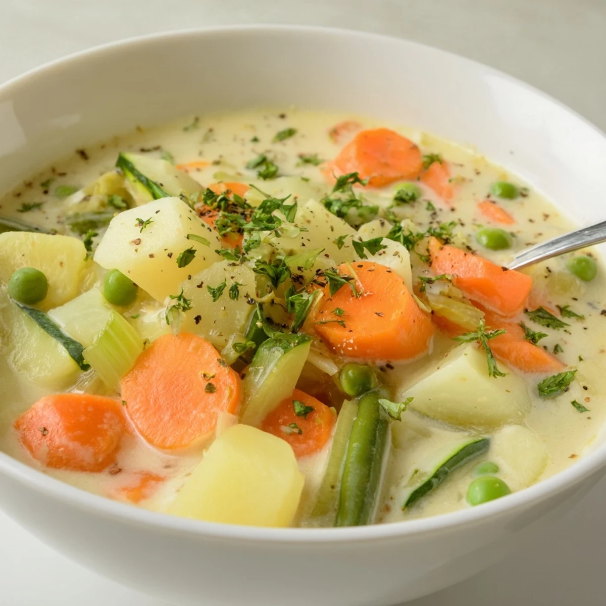 Steaming Creamy Vegetable Soup Recipe resting on wooden board beside bread