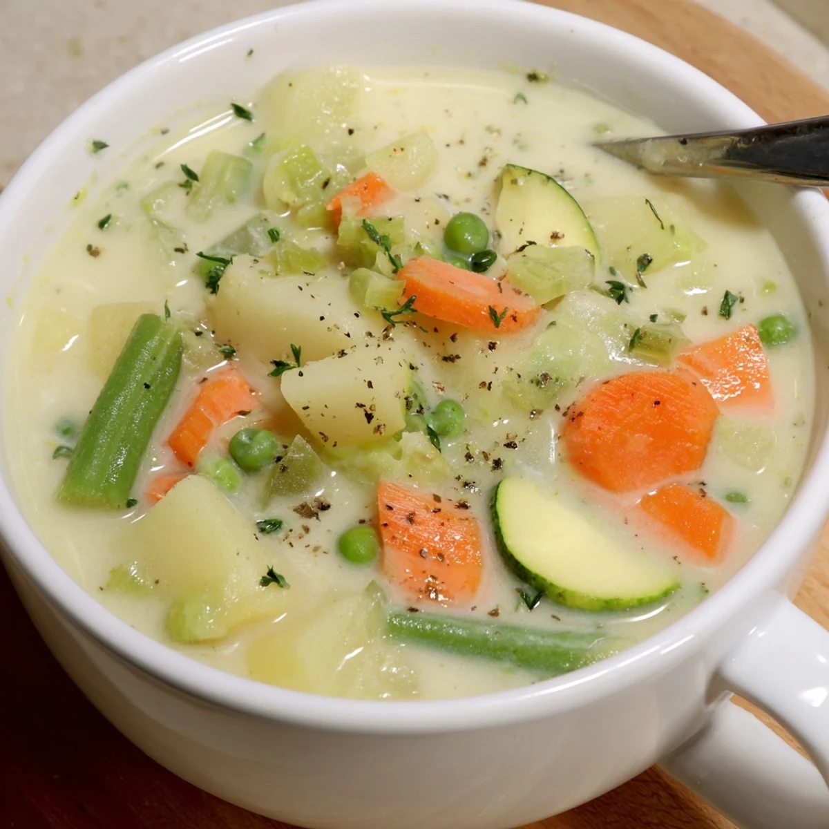 Velvety Creamy Vegetable Soup Recipe garnished with parsley, spoon dipping into bowl