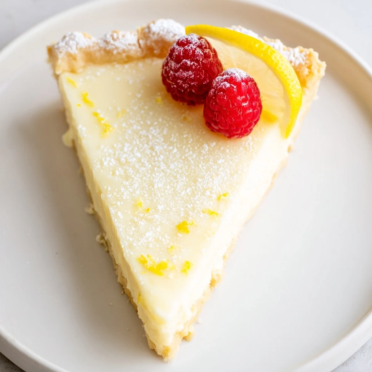 Creamy Lemon Tart Recipe with silky filling, crisp buttery crust, powdered sugar dusting