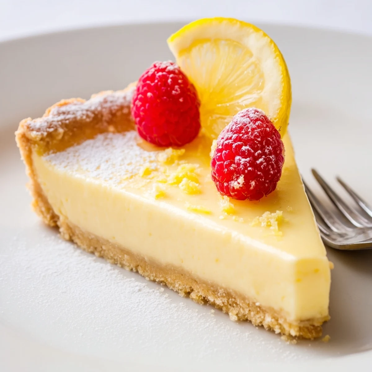 Bright zesty aroma and silky slice of Creamy Lemon Tart Recipe on plate