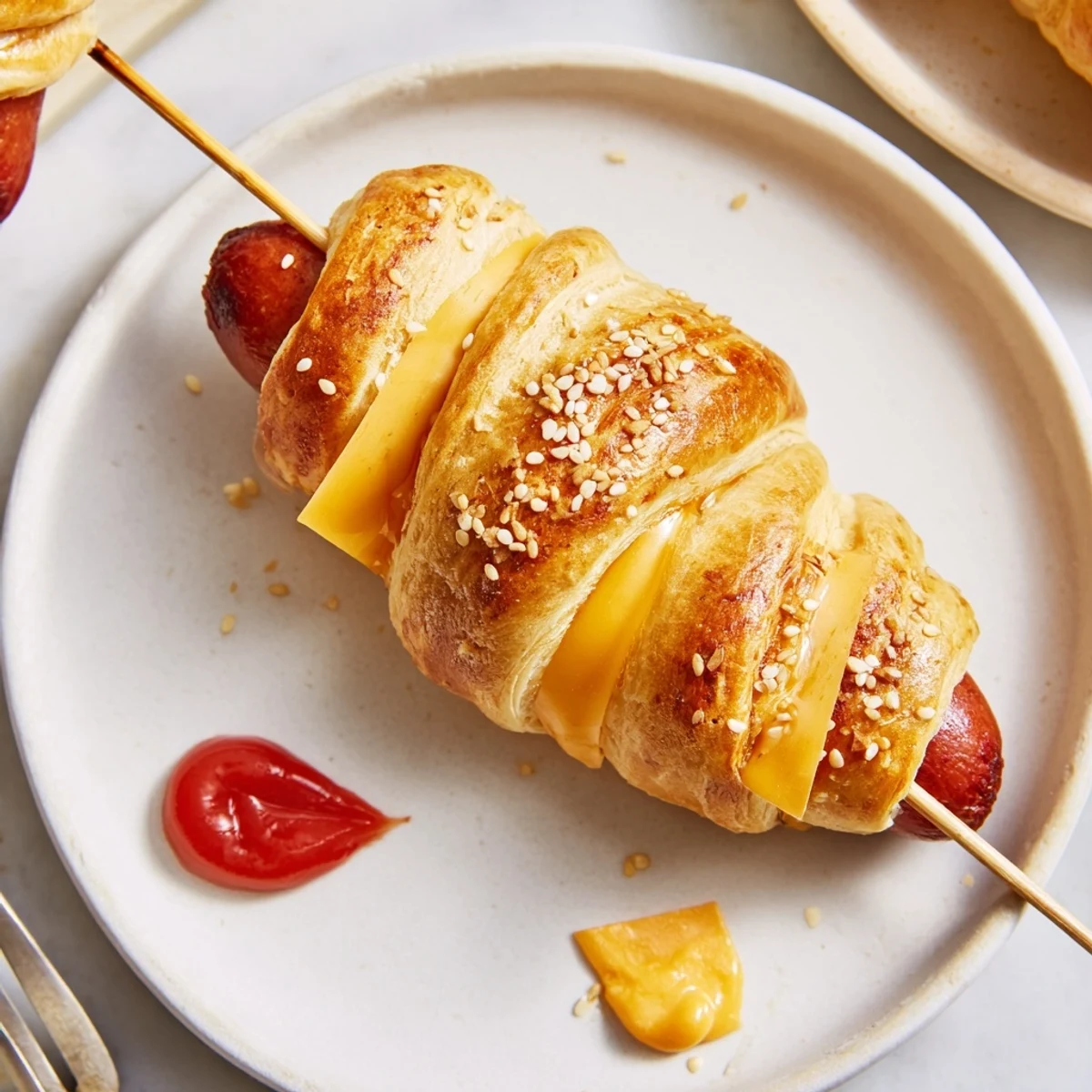 Firecracker Hot Dogs wrapped in golden crescent dough, brushed with butter