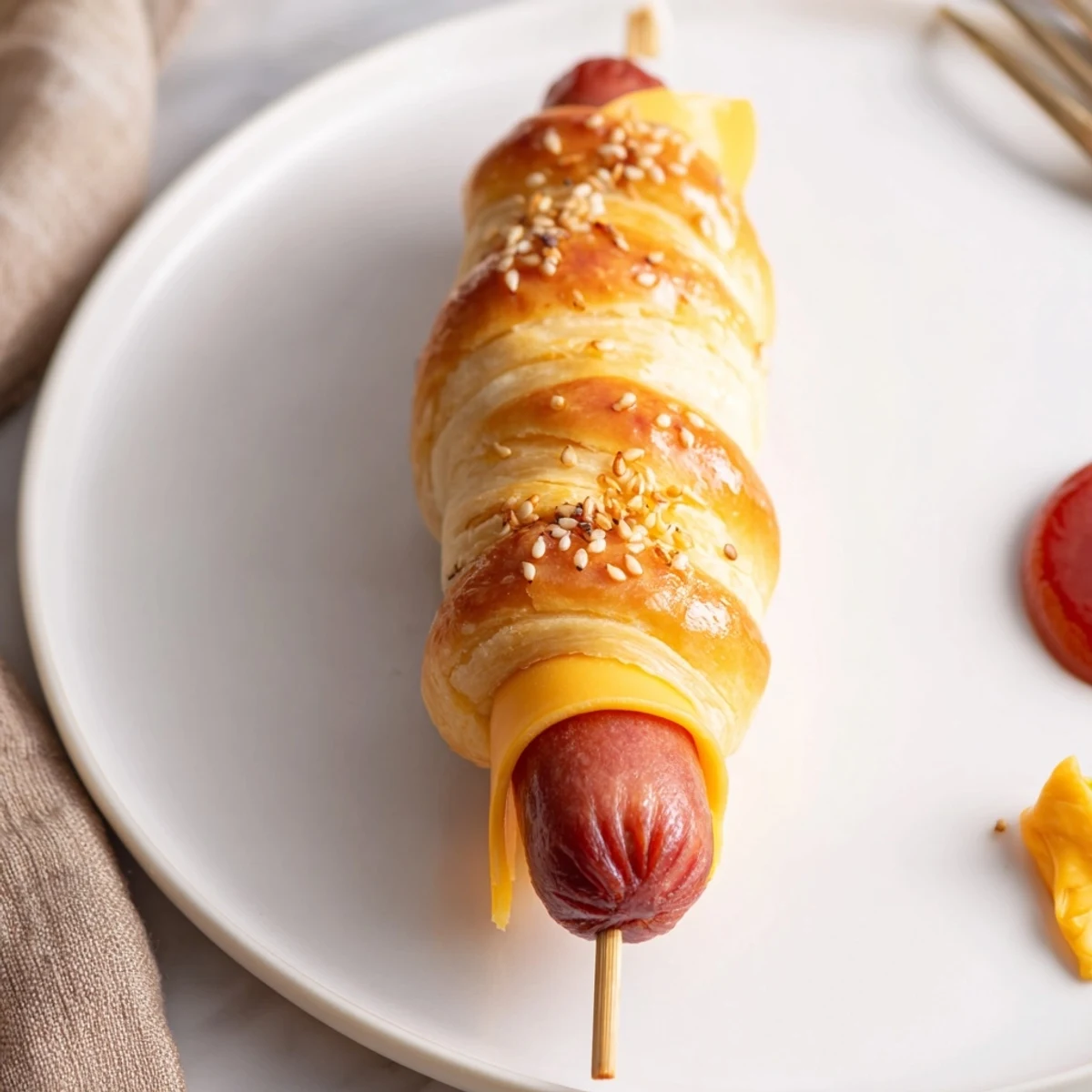 Fresh baked Firecracker Hot Dogs on skewers, sesame crusted and ready for dipping