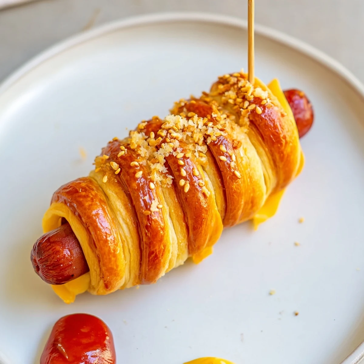 Party ready Firecracker Hot Dogs with melted cheddar and flaky spiral crust