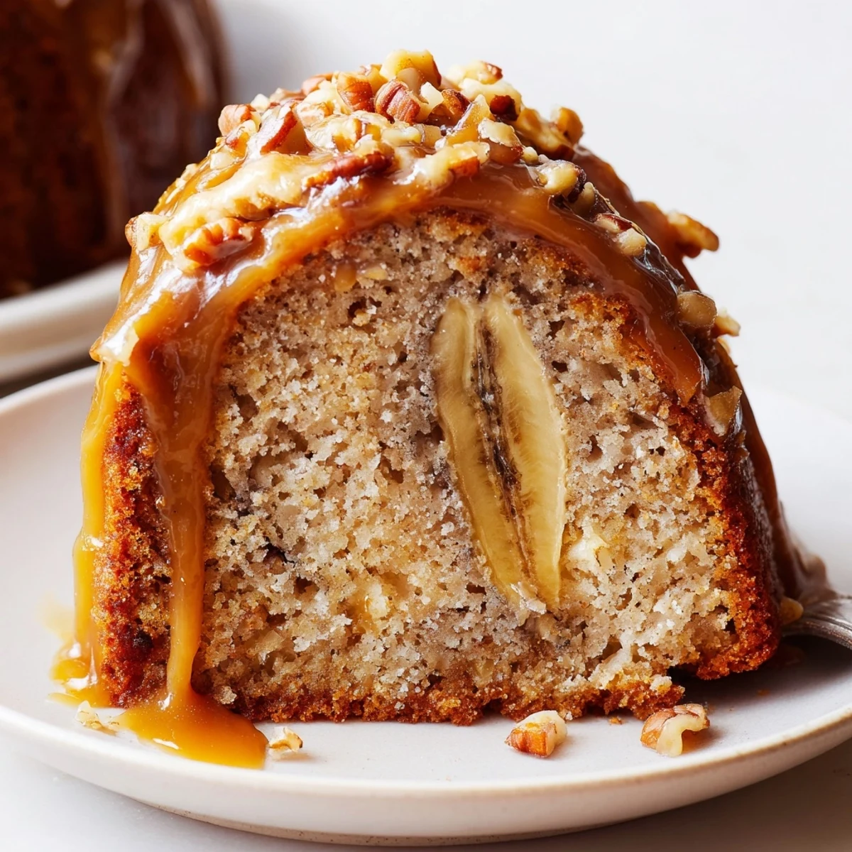 Salted Caramel Brown Butter Banana Cake showing glossy caramel drip and moist crumb