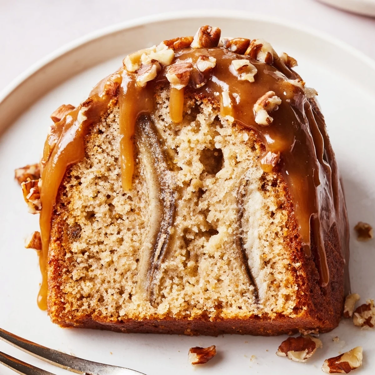 Close-up of Salted Caramel Brown Butter Banana Cake topped with flaky sea salt