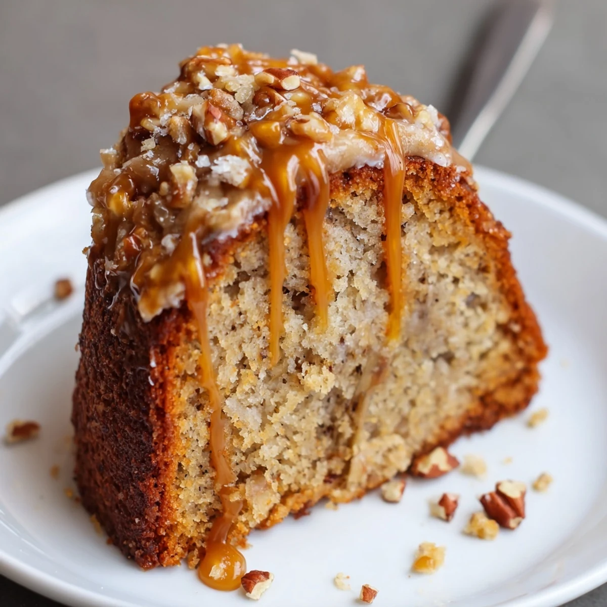 A sliced Salted Caramel Brown Butter Banana Cake plated with toasted pecans