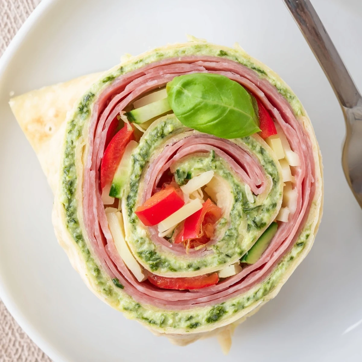 Italian Pinwheel Sandwiches arranged on platter, colorful layers of salami and spinach