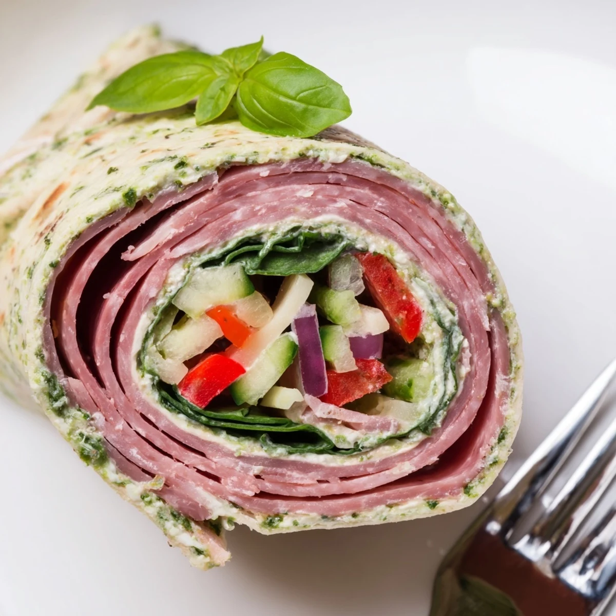Chilled Italian Pinwheel Sandwiches sliced tightly, creamy pesto cream cheese swirls visible