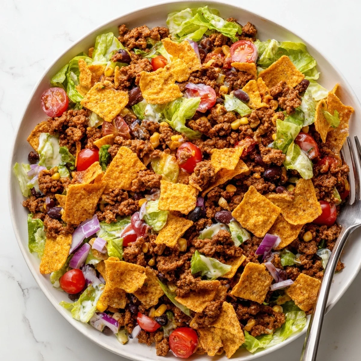 Simple Doritos Taco Salad with crunchy chips, seasoned beef, and creamy ranch