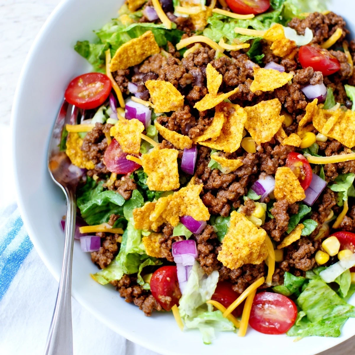 Weeknight Simple Doritos Taco Salad served immediately to keep chips delightfully crunchy