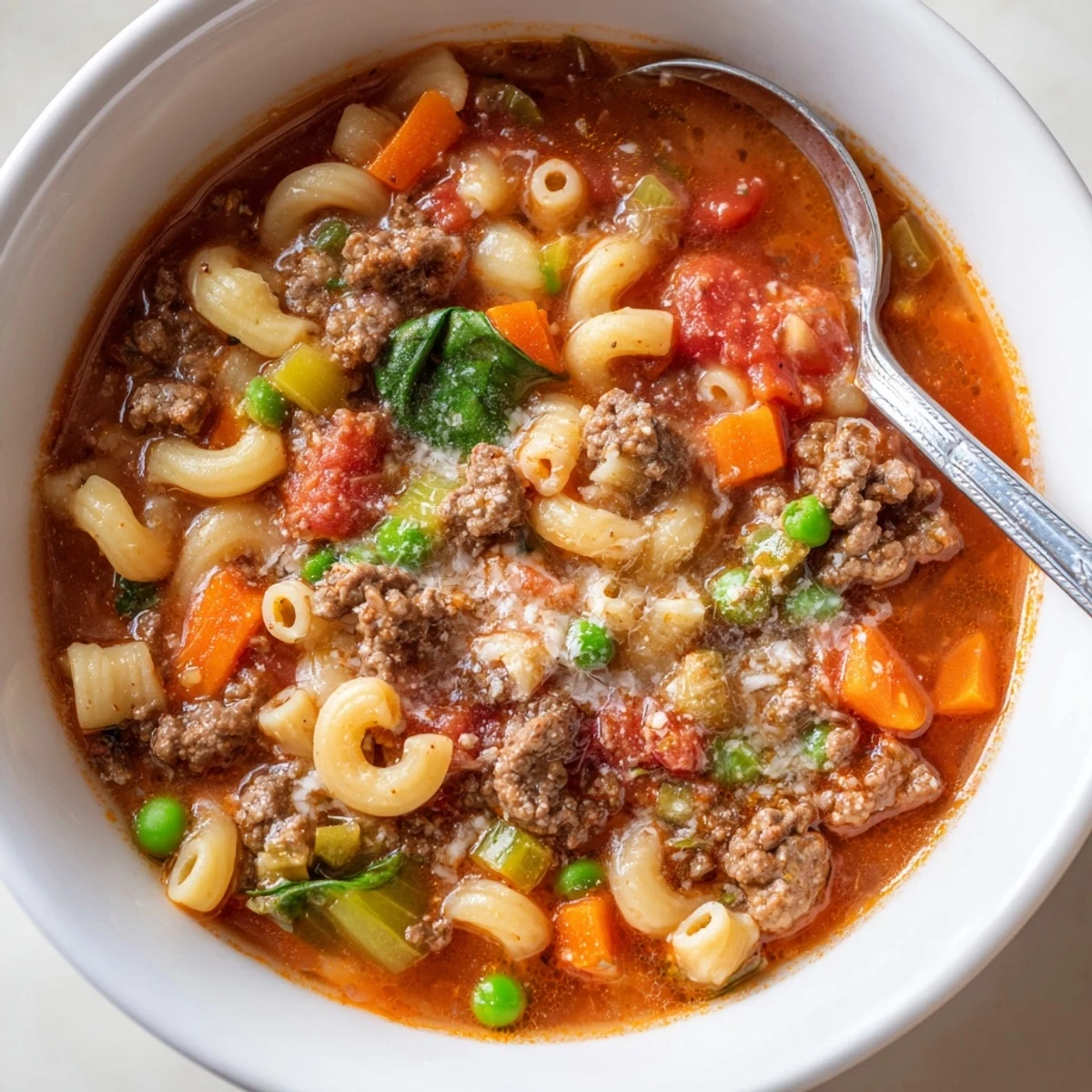 Hearty, steaming Delicious Homemade Ground Beef Pasta Soup Recipe For Comfort