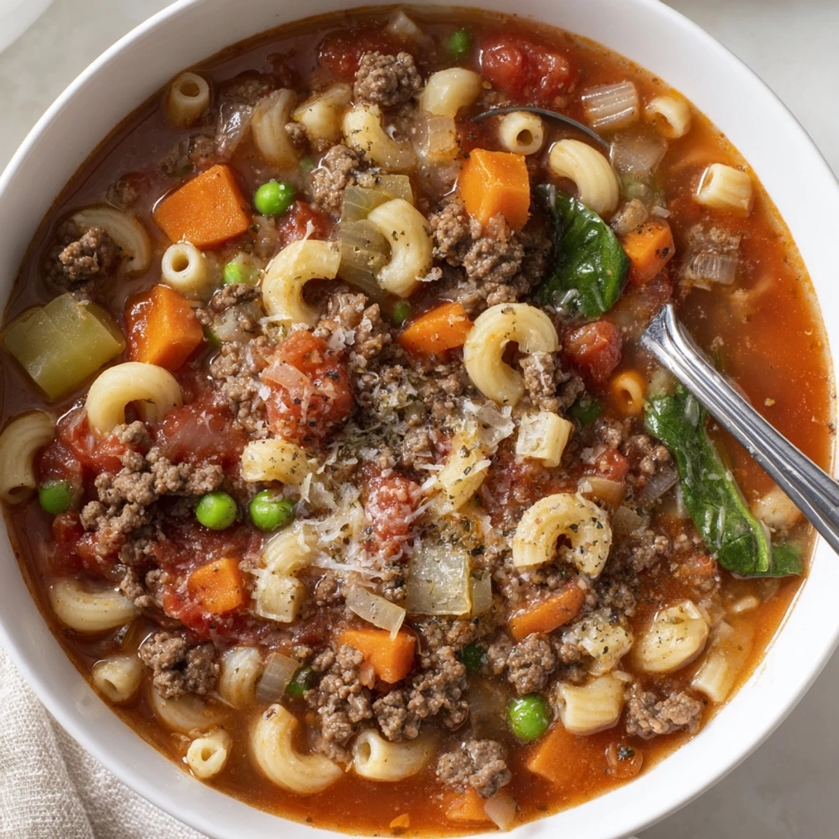 Bowl showing spoonful of Delicious Homemade Ground Beef Pasta Soup Recipe For Comfort