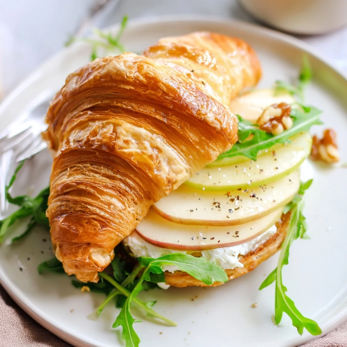 Apple Goat Cheese Croissant Sandwich on a buttery croissant, arugula adding peppery bite