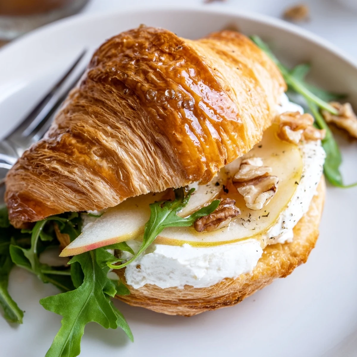 Apple Goat Cheese Croissant Sandwich drizzled with honey, sprinkled with chopped walnuts