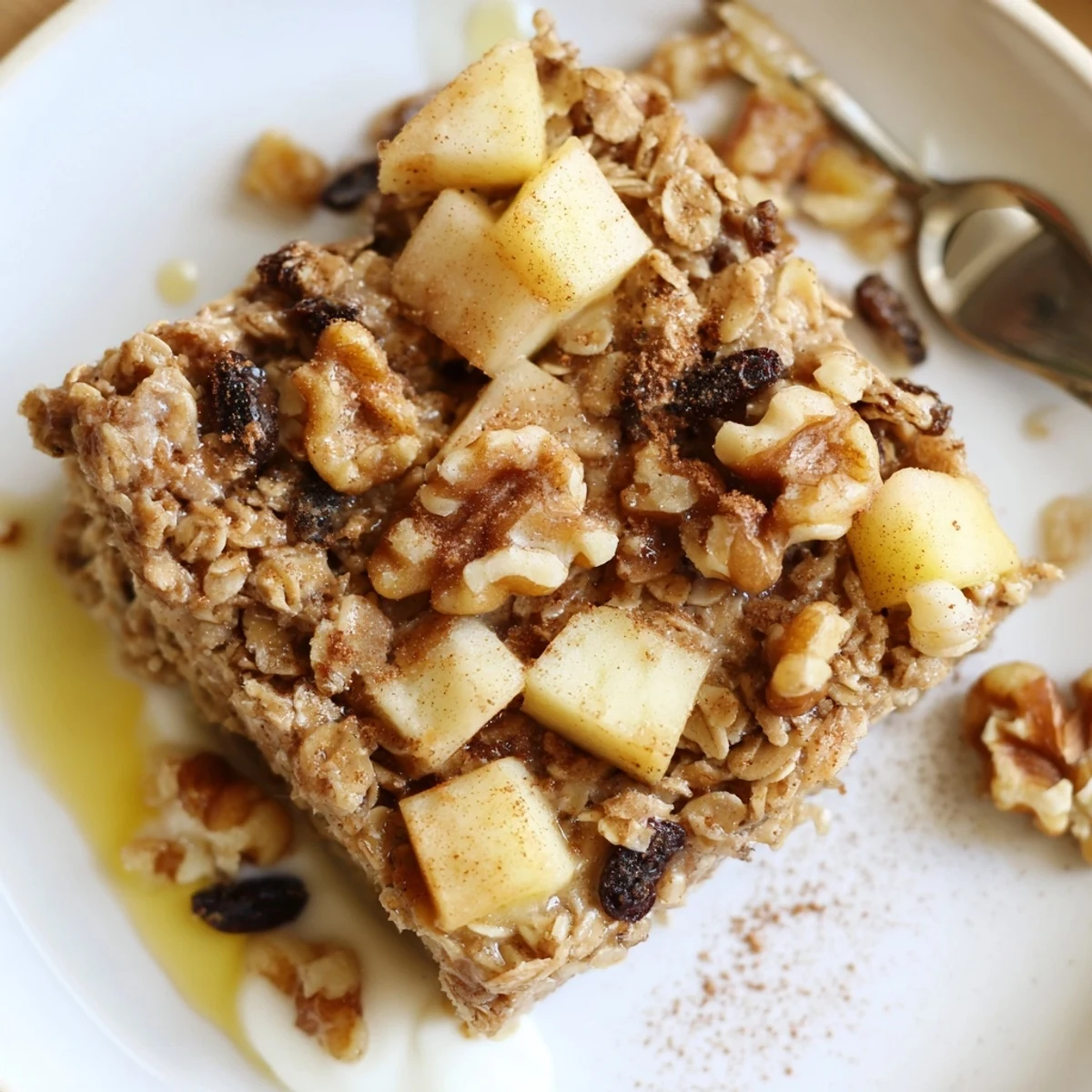 Warm slice of Delicious Apple Cinnamon Oatmeal Bake Recipe For Mornings topped with yogurt