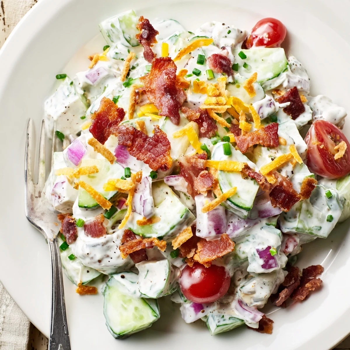Cucumber Ranch Crack Salad piled with crispy bacon, cheddar, and crunchy chips.