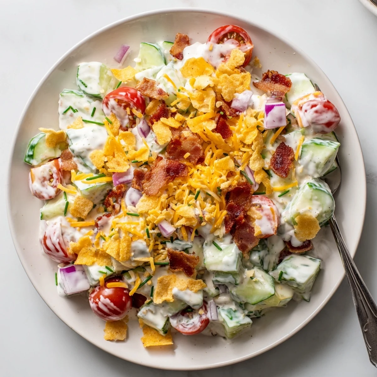 Creamy Cucumber Ranch Crack Salad with cherry tomatoes, sour cream dressing, chives.