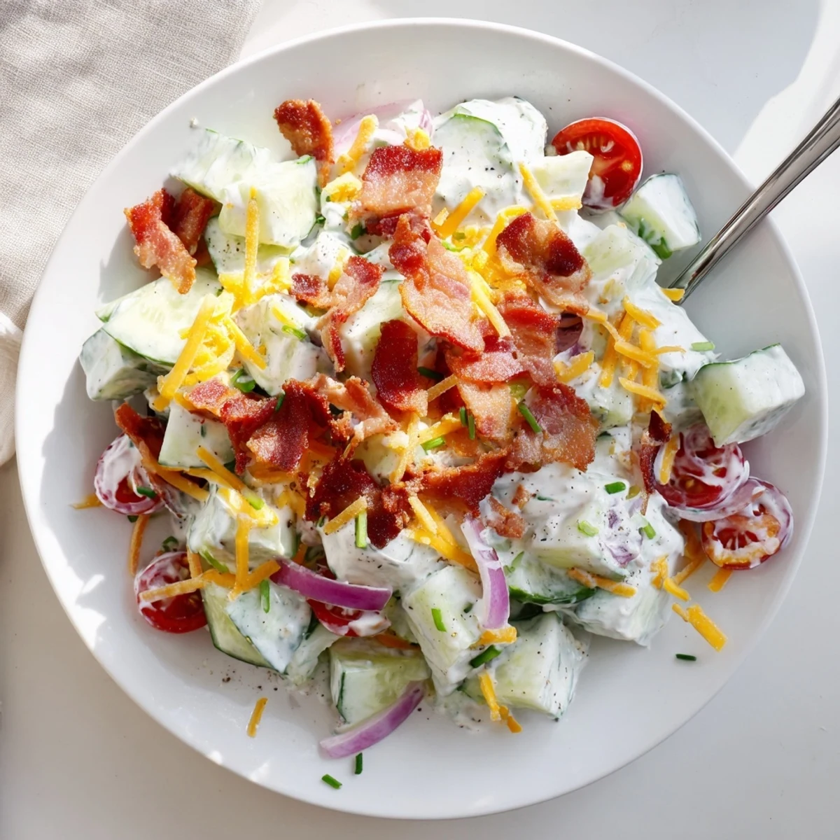 Cucumber Ranch Crack Salad served chilled at potlucks, topped with extra crumbled bacon.