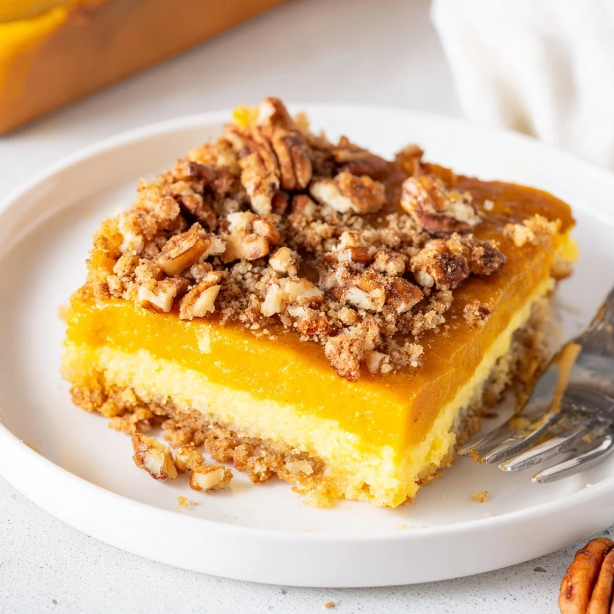 Pumpkin Dump Cake cooling in pan, golden top, pecan crunch visible