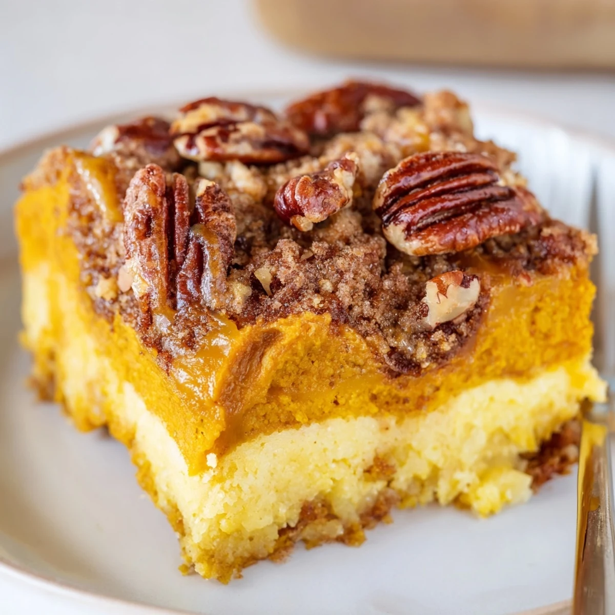 Warm Pumpkin Dump Cake slice with melting vanilla ice cream, spiced aroma