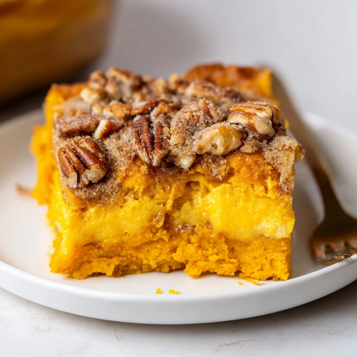 Homestyle Pumpkin Dump Cake showing moist pumpkin layer and buttery crumbs