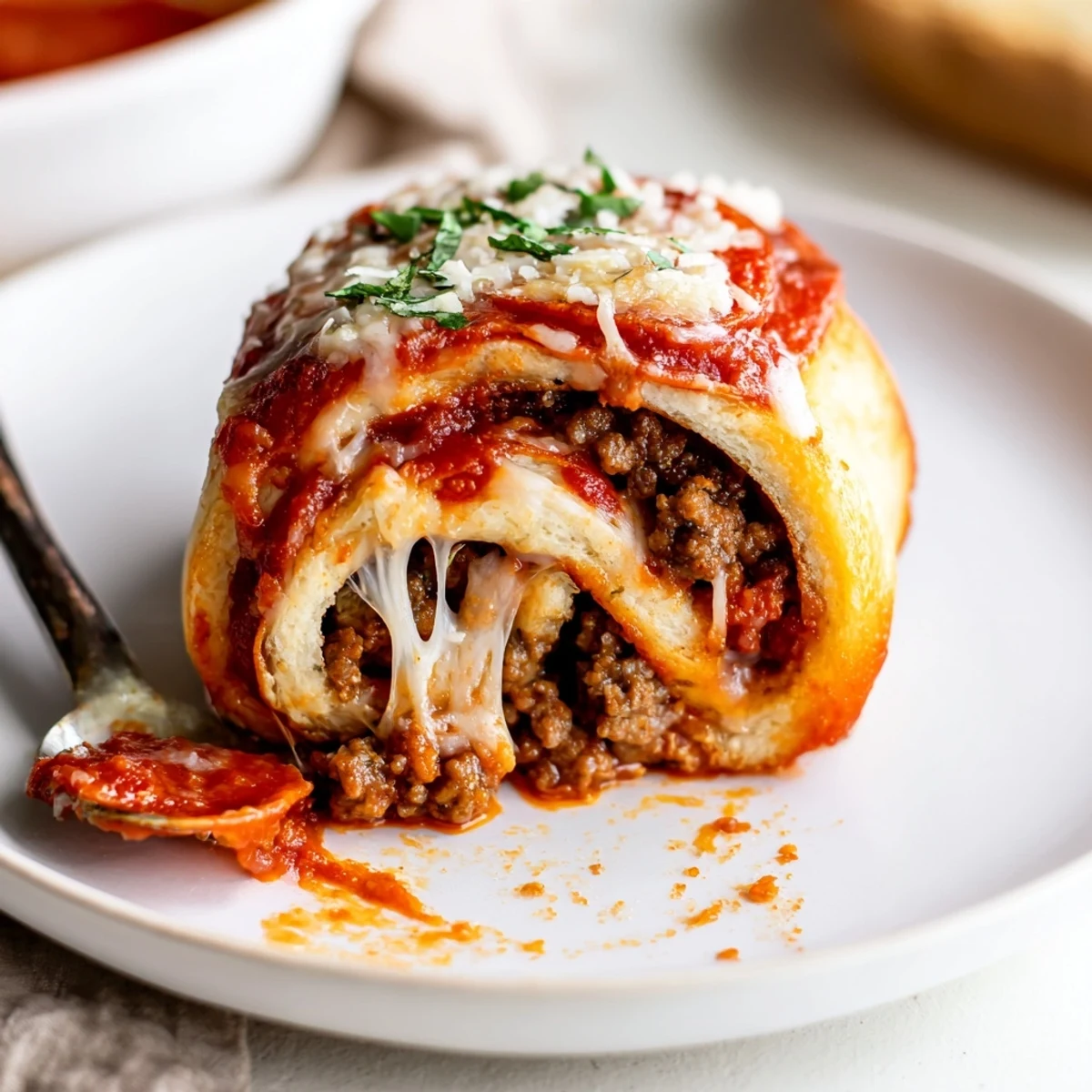 Cheesy Beef Pepperoni Pizza Roll Ups Snack Recipe with golden, bubbly melted cheese