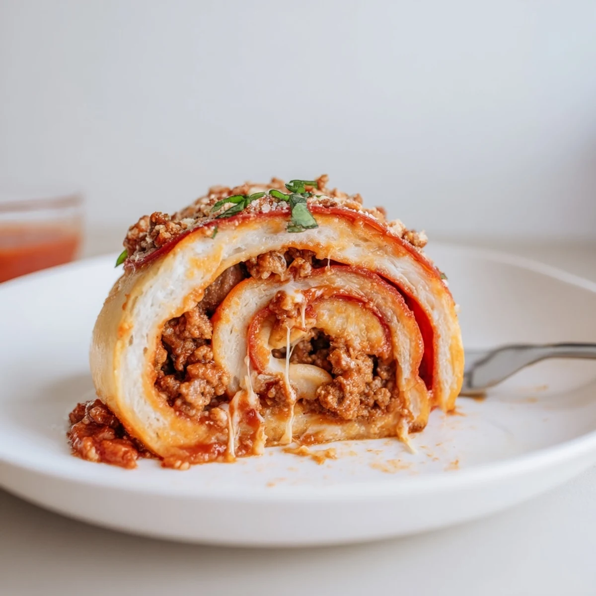 Freshly baked Cheesy Beef Pepperoni Pizza Roll Ups Snack Recipe with crispy edges