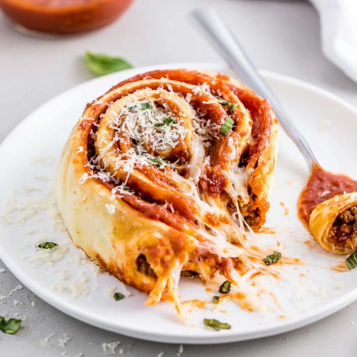Cheesy Beef Pepperoni Pizza Roll Ups Snack Recipe served warm with tangy dipping sauce