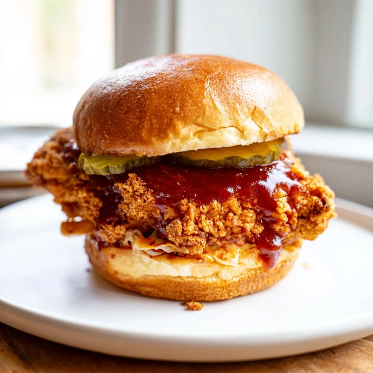 Close-up of juicy Spicy Nashville Hot Chicken Sandwiches on toasted buttery brioche