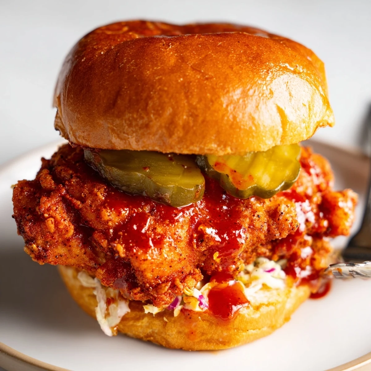 Spicy Nashville Hot Chicken Sandwiches brushed with fiery oil, served alongside sweet iced tea