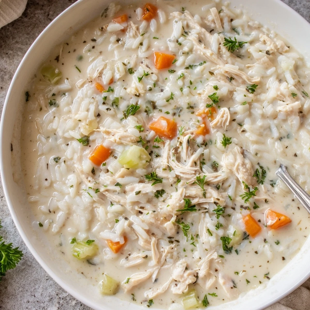 Creamy Chicken Rice Soup with tender chicken, velvety broth, steam rising  