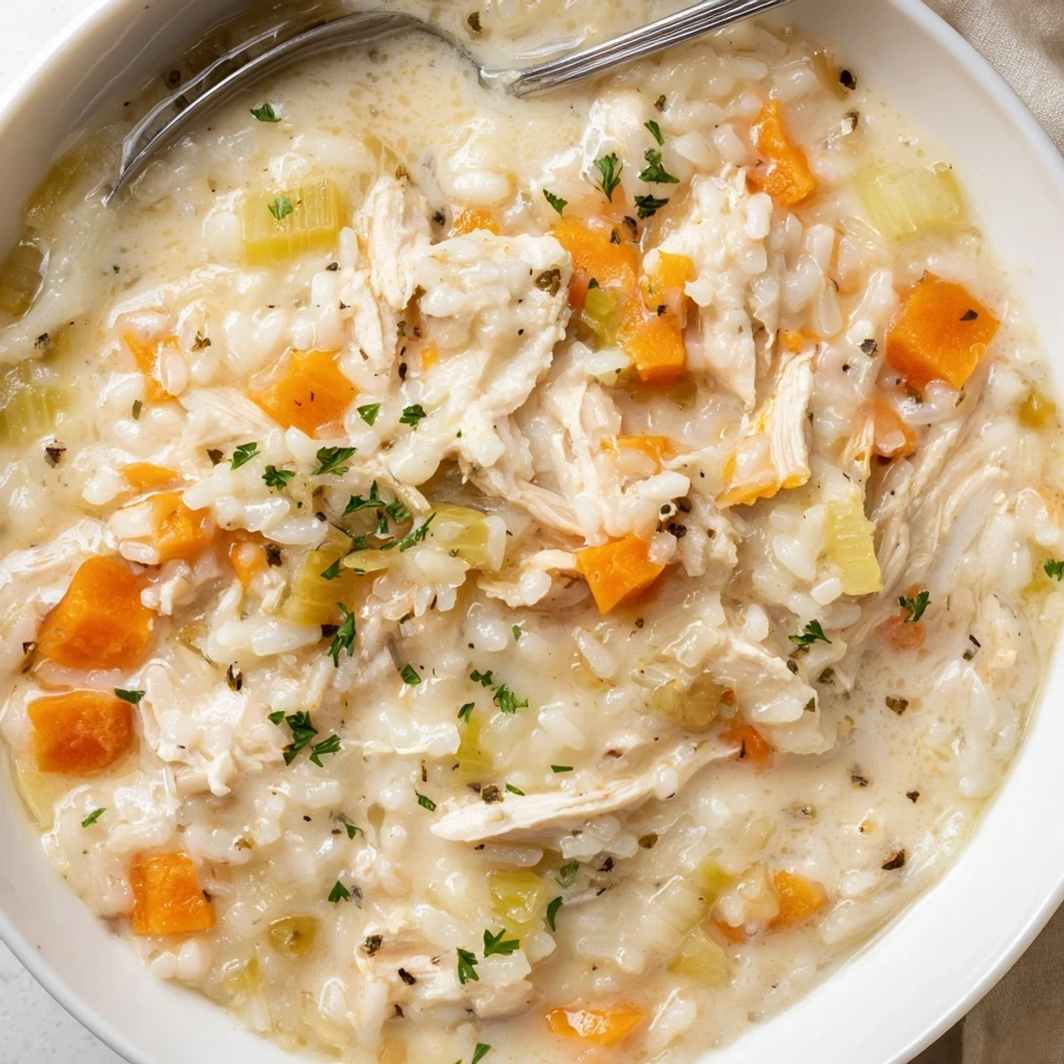 Bowl of Creamy Chicken Rice Soup garnished with parsley, served with bread  