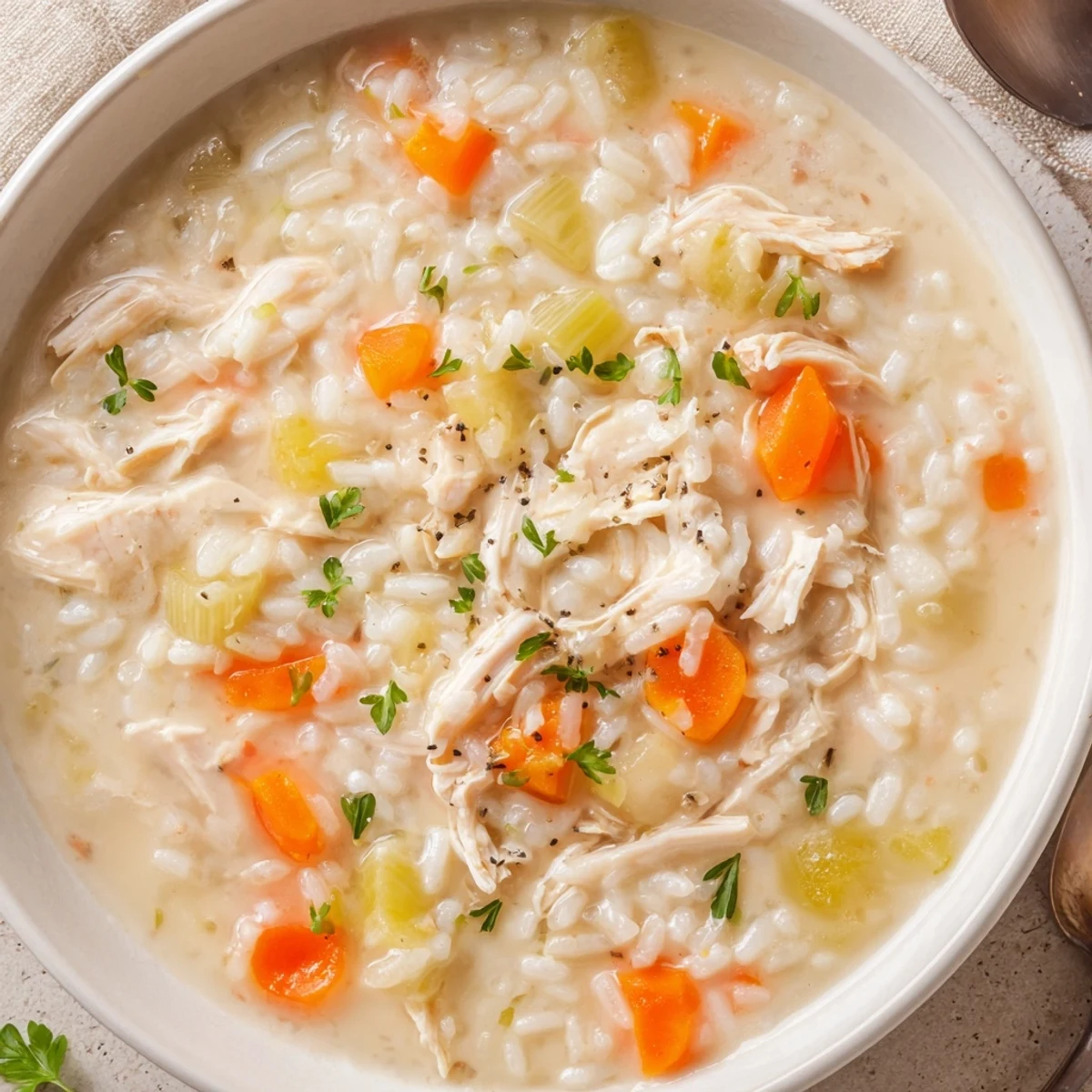 Spoonful of Creamy Chicken Rice Soup shows hearty rice, silky cream