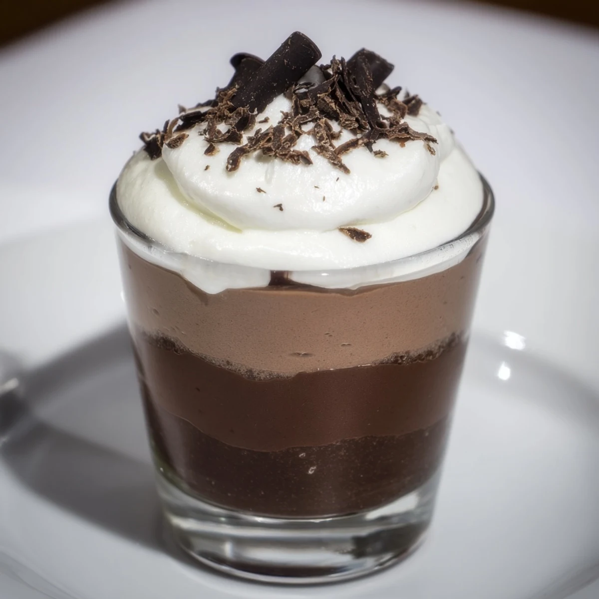 Triple Chocolate Mousse Cups layered in glass, creamy dark milk white mousses.