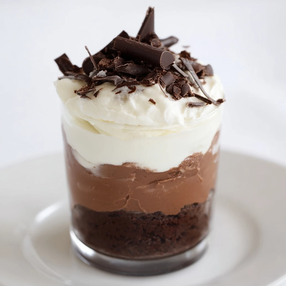Chilled Triple Chocolate Mousse Cups topped with shaved chocolate, ready to spoon.